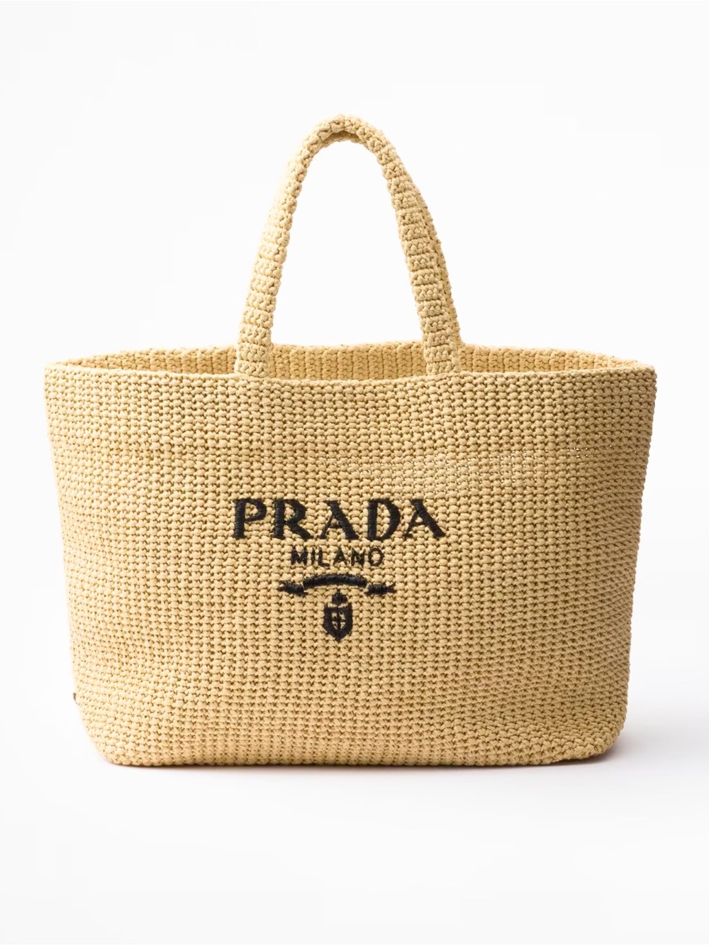 ✨NEW✨PRADA Yarn Raffia Effect Embroidered Logo Large Crochet Tote Bag - Natural - Picture 2 of 16